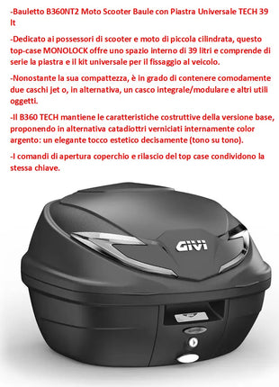 PER YAMAHA YZF R6  BAULETTO GIVI B360 TECH 39LT BAULE VALIGIA PER PORTAPACCHI POSTERIORE MOTO SCOOTER+PIASTRA+KIT MONTAGGIO PER 2 CASCHI JET-1 CASCO INTEGRALE/MODULARE