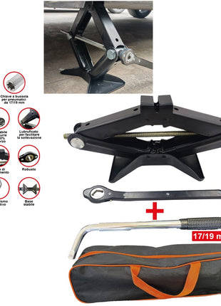 CRIC A PANTOGRAFO DA 2 TONNELLATE CON CRICCHETTO E CHIAVE A BUSSOLA ALLUNGABILE TELESCOPICA  PER  FORD VALIGETTA KIT AUTO SET PER EMERGENZA STRADALE SOLLEVAMENTO GOMME AUTO
