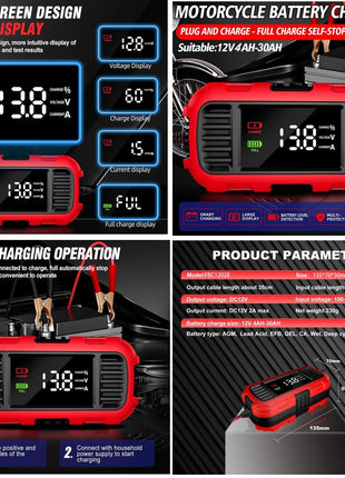 Caricabatterie per Moto Scooter Mantenitore di Carica 12Volt 2A per Batteria al Piombo COMPATIBILE CON YAMAHA YZF R1 M 1000 caricabatteria supporta batterie da 4Ah a 30Ah dotato di display