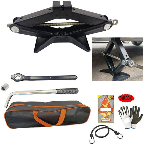 CRIC A PANTOGRAFO DA 2 TONNELLATE CON CRICCHETTO E CHIAVE A BUSSOLA ALLUNGABILE TELESCOPICA  PER  MOTORS VALIGETTA KIT AUTO SET PER EMERGENZA STRADALE SOLLEVAMENTO GOMME AUTO